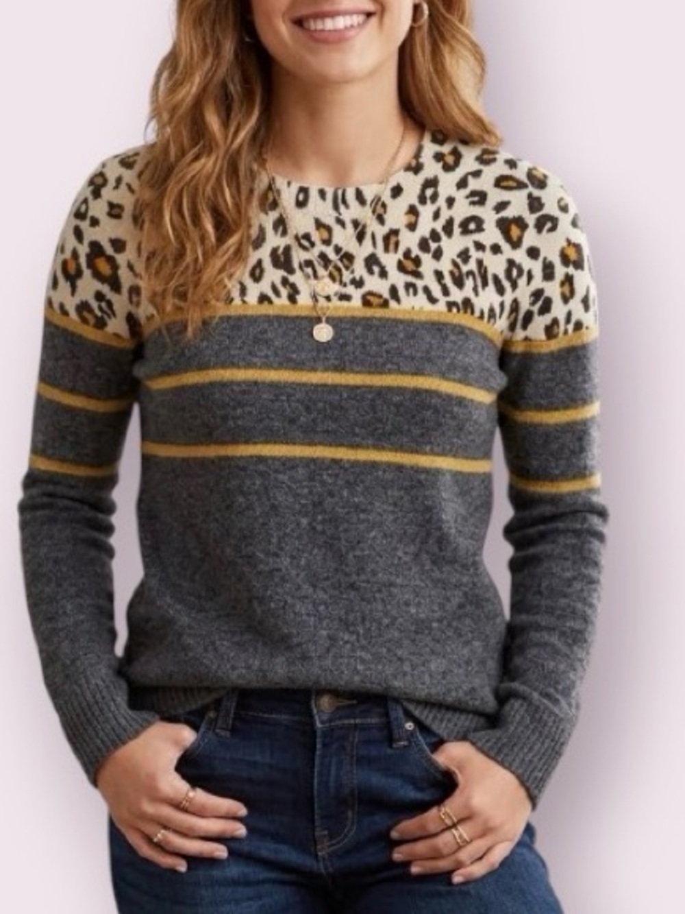 Beach Lunch Lounge Long Sleeve Sweater Leopard Gray Mustard Stripe Size Small